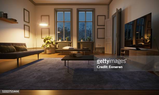 interiör i vardagsrum i skandinavisk stil - late night television bildbanksfoton och bilder