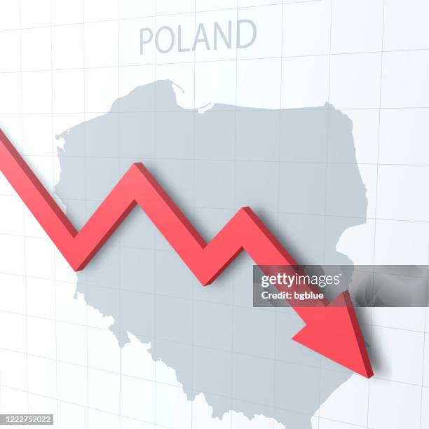 falling red arrow with the poland map on the background - uncertainty graph stock illustrations