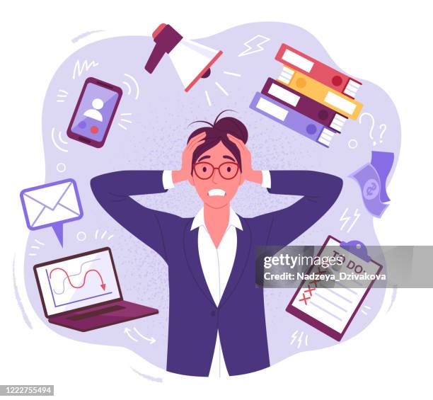 panic businesswoman. - working on laptop close up stock illustrations