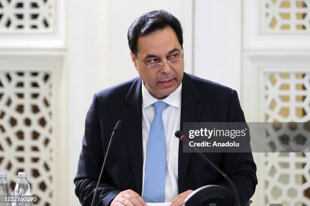 Lebanese Prime Minister Hassan Diab makes a speech during the meeting to evaluate country's current situation and economic crisis with political...