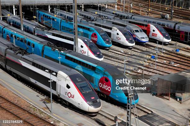 Trains are parked at the train depot of France's national rail network SNCF as the lockdown continues due to the coronavirus outbreak on May 2020 in...