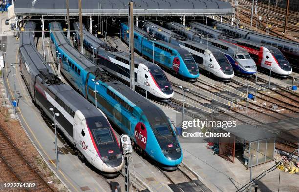 Trains are parked at the train depot of France's national rail network SNCF as the lockdown continues due to the coronavirus outbreak on May 2020 in...