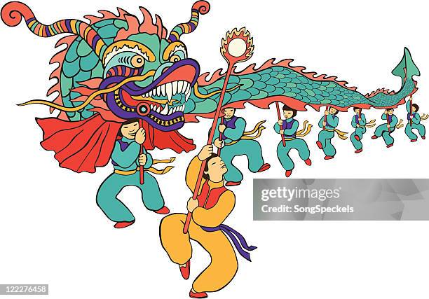 chinese new year dragon dancers - fire dragon dance stock illustrations