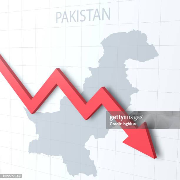 falling red arrow with the pakistan map on the background - economy stock illustrations