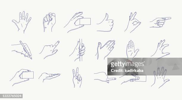 手のジェスチャーの線アイコンセット。指の相互作用としてアイコンが含まれて, 人差し指ポイント, 挨拶, ピンチ, ヘルプ, 手洗いなど - 手 指点のイラスト素材／クリップアート素材／マンガ素材／アイコン素材