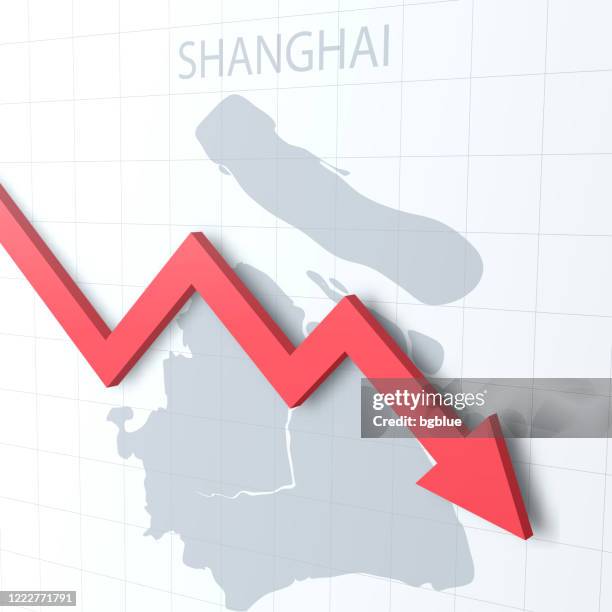 falling red arrow with the shanghai map on the background - fall border stock illustrations