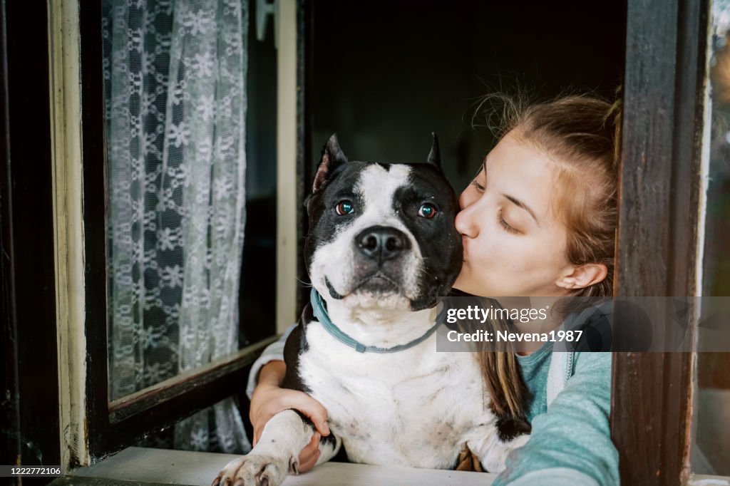 Dog and young female look out a home window
