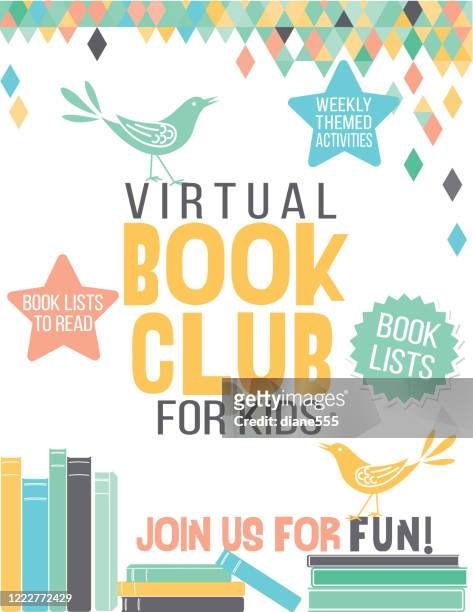 illustrazioni stock, clip art, cartoni animati e icone di tendenza di poster del club del libro virtuale - biblioteca