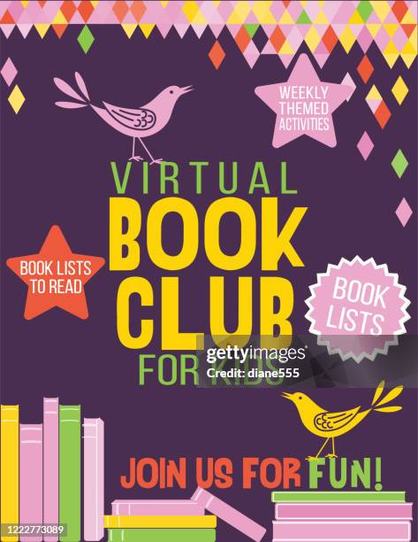colorful online book club poster - virtual library stock illustrations