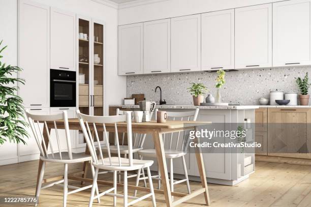 moderne skandinavische küche und esszimmer innenstock foto - beautiful white kitchen stock-fotos und bilder