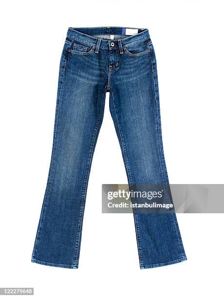 pair of women's blue denim jeans - denim trousers stock pictures, royalty-free photos & images