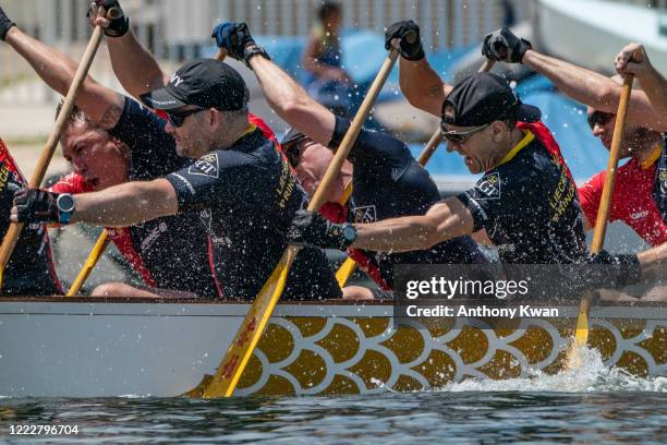 Participants take part in a practice run during the Dragon Boat Festival on June 25, 2020 in Hong Kong, China. The annual Dragon Boat Festival has...