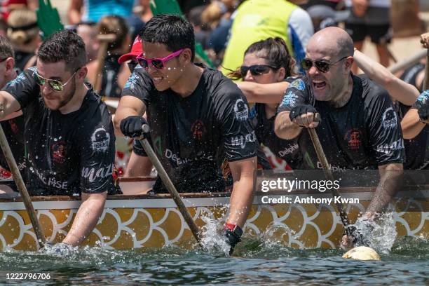 Participants take part in a practice run during the Dragon Boat Festival on June 25, 2020 in Hong Kong, China. The annual Dragon Boat Festival has...