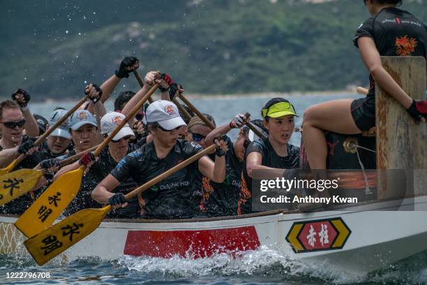 Participants take part in a practice run during the Dragon Boat Festival on June 25, 2020 in Hong Kong, China. The annual Dragon Boat Festival has...