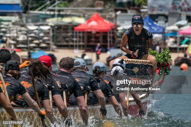 Participants take part in a practice run during the Dragon Boat Festival on June 25, 2020 in Hong Kong, China. The annual Dragon Boat Festival has...