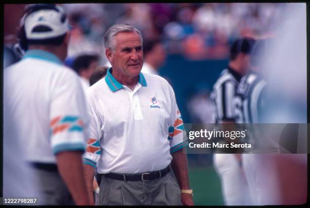 Head Coach Don Shula of the Miami Dolphins on the sidelines during a game at Pro Player Stadium on, Circa 1990 in Miami Gardens, Florida.
