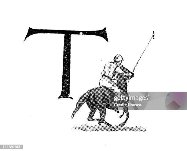 antique illustration of sports and leisure activities: capital letter t and polo - polo stock illustrations