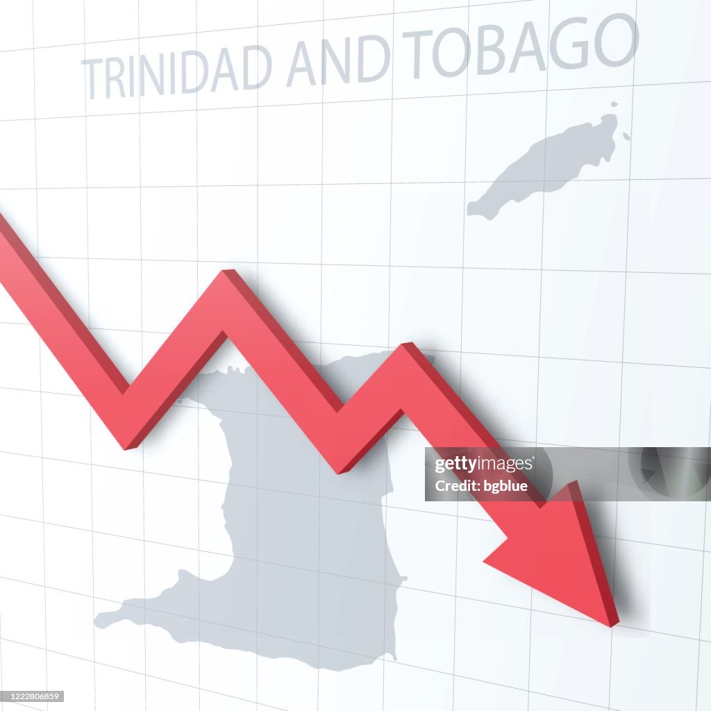 Flecha roja cayendo con el mapa de Trinidad y Tobago en el fondo