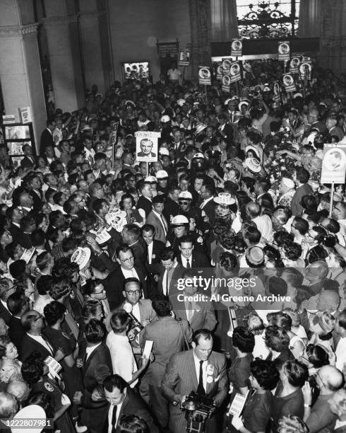 Delegates at the Biltmore Hotel, Democratic National Committee headquarters during the 1960 Democratic National Convention, Los Angeles, California,...