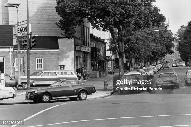 Drivers queuing round the block to buy fuel at a gas station on Capitol Hill during the second oil crisis, Washington DC, 28th June 1979.
