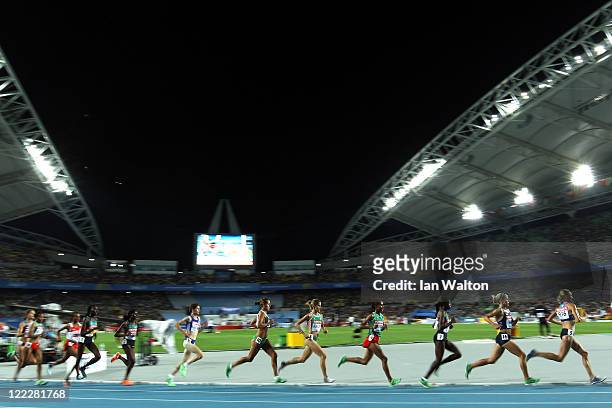 Athletes compete in the women's 10,000 metres final during day one of the 13th IAAF World Athletics Championships at the Daegu Stadium on August 27,...