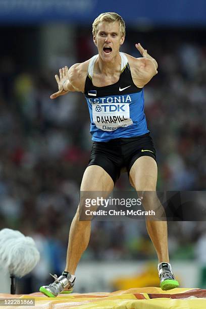 Mikk Pahapill of Estonia celebrates during the High Jump in the men's decathlon during day one of the 13th IAAF World Athletics Championships at the...