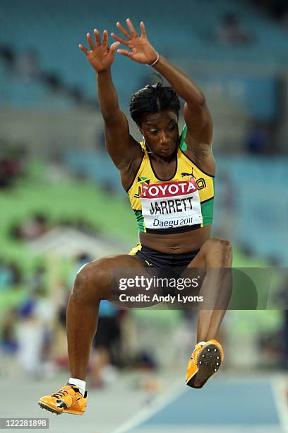 Jovanee Jarrett of Jamaica competes in the women's long jump qualification round during day one of the 13th IAAF World Athletics Championships at the...