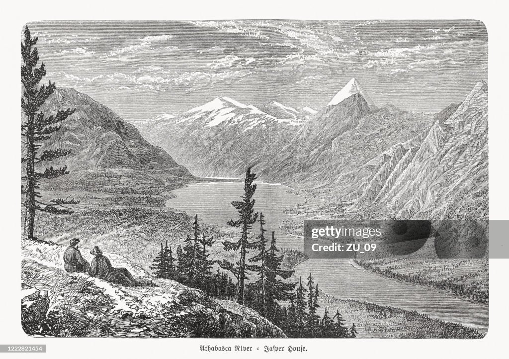 Athabasca River above Jasper House, Alberta, Canada, woodcut, published 1893