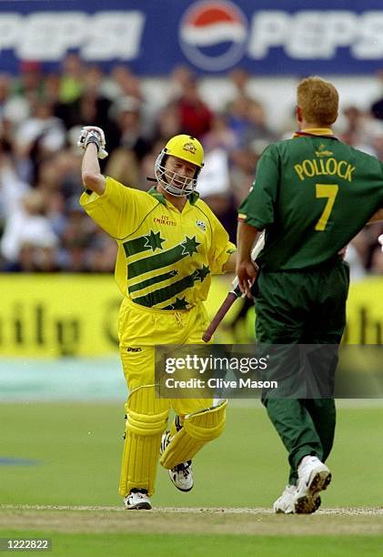 Steve Waugh of Australia punches the air after leading his team to victory over South Africa in the World Cup Super Six match at Headingley in Leeds,...