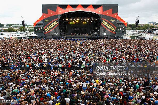 General view of the main stage as Madness perform live on the Main Stage during day two of Reading Festival 2011 on August 27, 2011 in Reading,...