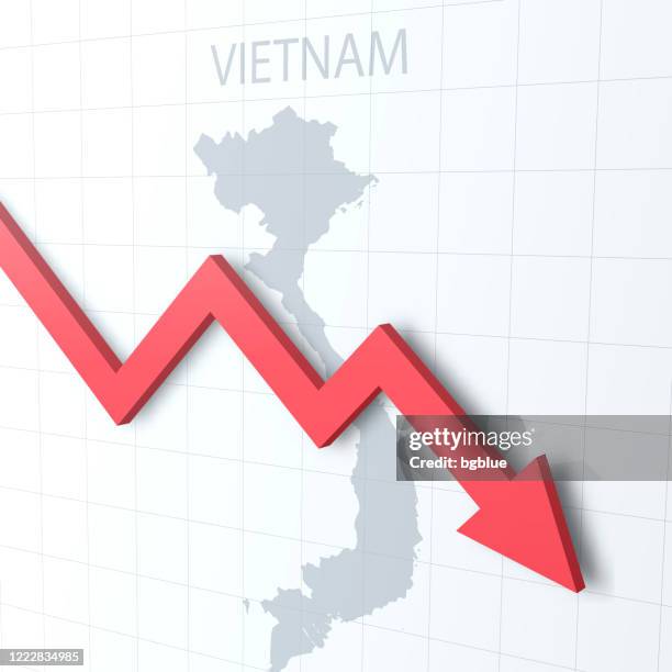 falling red arrow with the vietnam map on the background - vietnam market stock illustrations