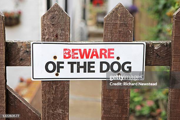 beware of the dog sign on fence - beware of dog stock pictures, royalty-free photos & images