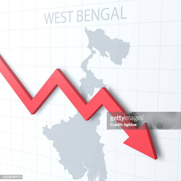stockillustraties, clipart, cartoons en iconen met dalende rode pijl met de kaart van west-bengalen op de achtergrond - calcutta