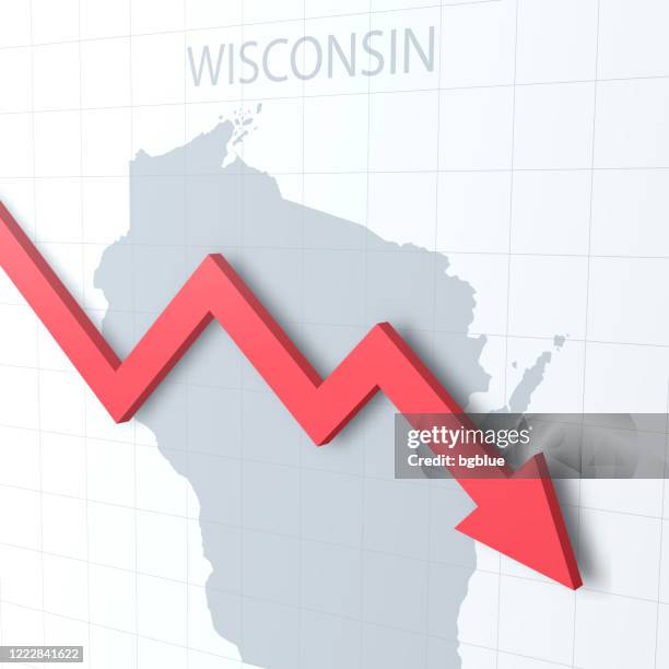 falling red arrow with the wisconsin map on the background - uncertainty forecasting stock illustrations