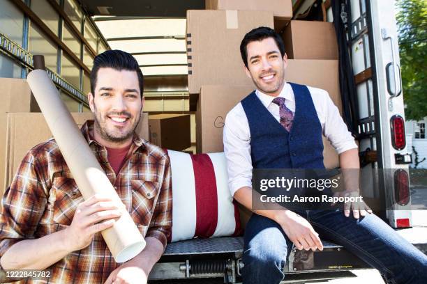 Property Brothers Jonathan and Drew Scott pose for a portrait in Los Angeles, California.