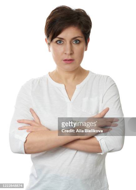 portrait of a woman with a short haircut. - women arms crossed stock pictures, royalty-free photos & images