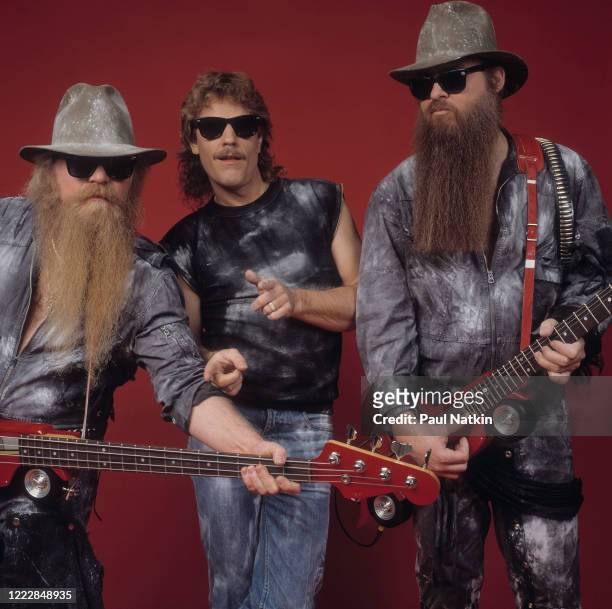 Portrait of members of the American Rock group ZZ Top as they pose backstage at the Metro Center, Rockford, Illinois, February 8, 1984. Pictured are,...