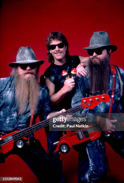 Portrait of members of the American Rock group ZZ Top as they pose backstage at the Metro Center, Rockford, Illinois, February 8, 1984. Pictured are,...