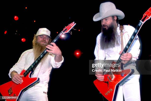 American Rock musicians Dusty Hill and Billy Gibbons, both of the group ZZ Top, perform onstage at the Metro Center, Rockford, Illinois, February 8,...