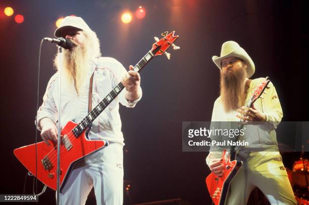 American Rock musicians Dusty Hill and Billy Gibbons, both of the group ZZ Top, perform onstage at the Metro Center, Rockford, Illinois, February 8,...