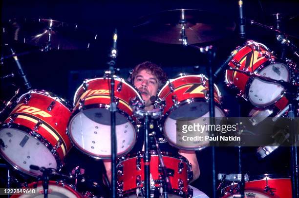 American Rock musician Frank Beard, of the group ZZ Top, performs onstage at the Metro Center, Rockford, Illinois, February 8, 1984.