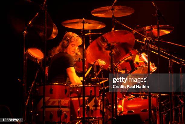 American Rock musician Frank Beard, of the group ZZ Top, performs onstage at the Metro Center, Rockford, Illinois, February 8, 1984.