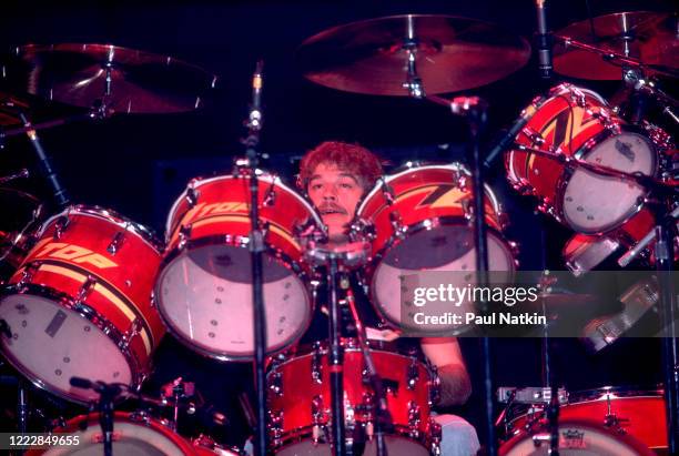 American Rock musician Frank Beard, of the group ZZ Top, performs onstage at the Metro Center, Rockford, Illinois, February 8, 1984.