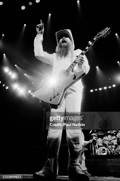 American Rock musician Billy Gibbons, of the group ZZ Top, performs onstage at the Metro Center, Rockford, Illinois, February 8. 1984.