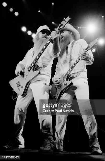 American Rock musicians Dusty Hill and Billy Gibbons, both of the group ZZ Top, perform onstage at the Metro Center, Rockford, Illinois, February 8...