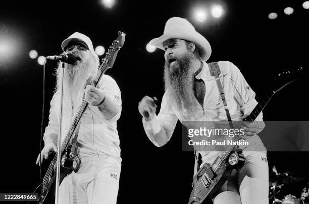 American Rock musicians Dusty Hill and Billy Gibbons, both of the group ZZ Top, perform onstage at the Metro Center, Rockford, Illinois, February 8...