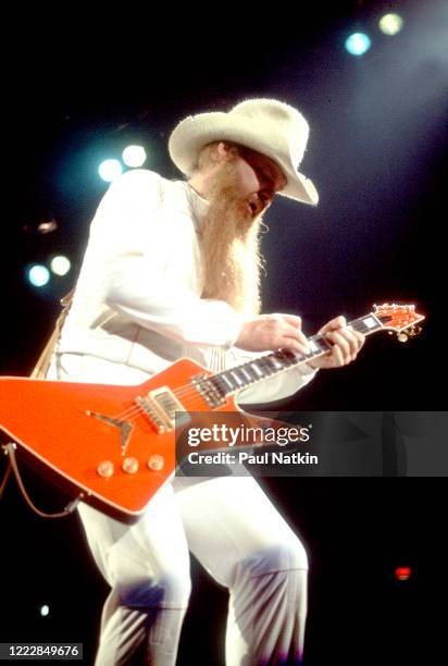 American Rock musician Billy Gibbons, of the group ZZ Top, performs onstage at the Metro Center, Rockford, Illinois, February 8. 1984.