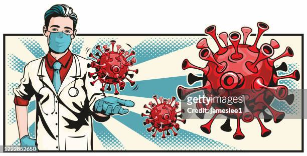 ilustraciones, imágenes clip art, dibujos animados e iconos de stock de bacterias del virus de la retención del médico masculino - biohazardous substance