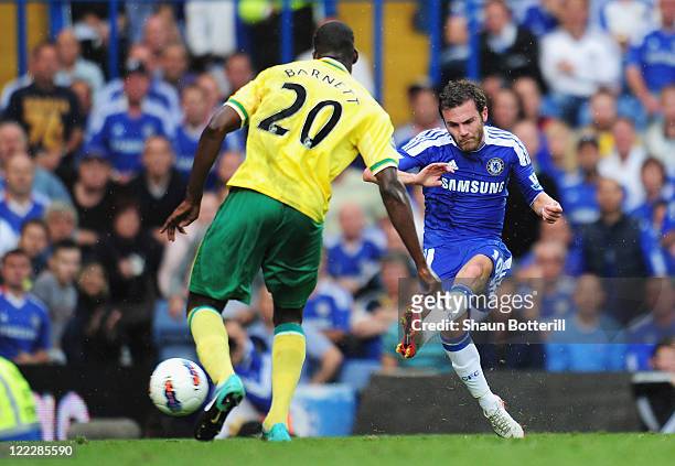 Juan Mata of Chelsea scores during the Barclays Premier League match between Chelsea and Norwich City at Stamford Bridge on August 27, 2011 in...