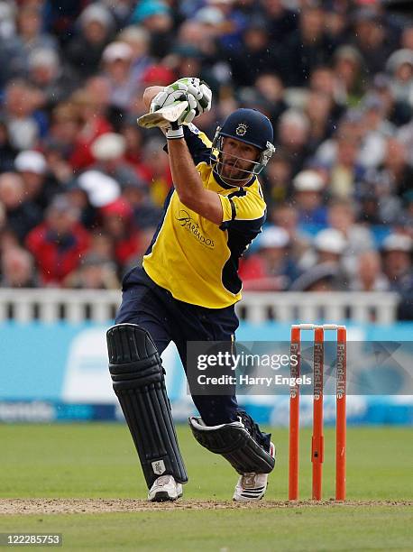 Sean Ervine of Hampshire picks up some runs during the Friends Life T20 semi final match between Hampshire and Somerset at Edgbaston on August 27,...